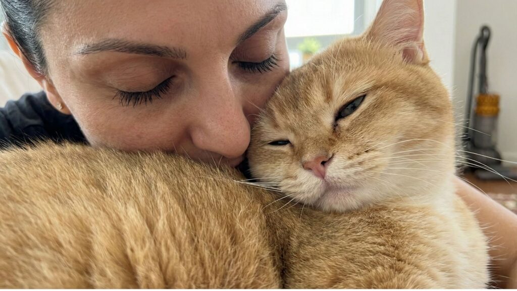Close contact with a British Shorthair cat showing how Fel d 1 allergens spread through saliva and dander