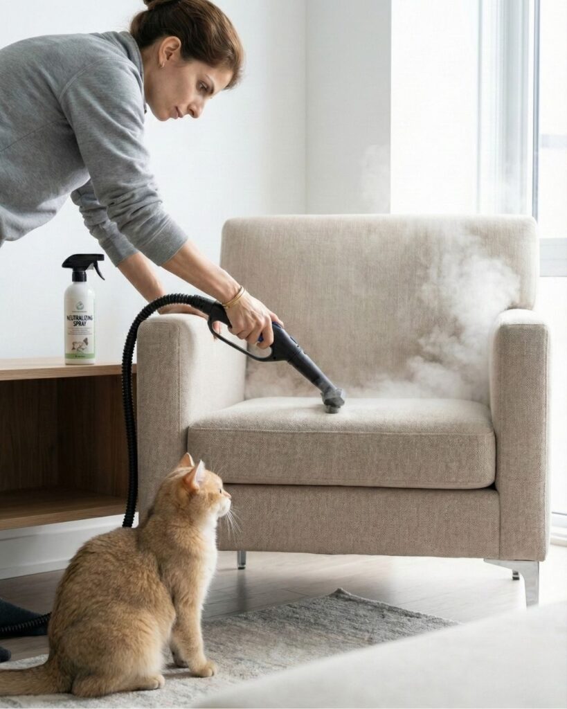 A person steam-cleaning a sofa at home to reduce cat allergens while a cat sits nearby