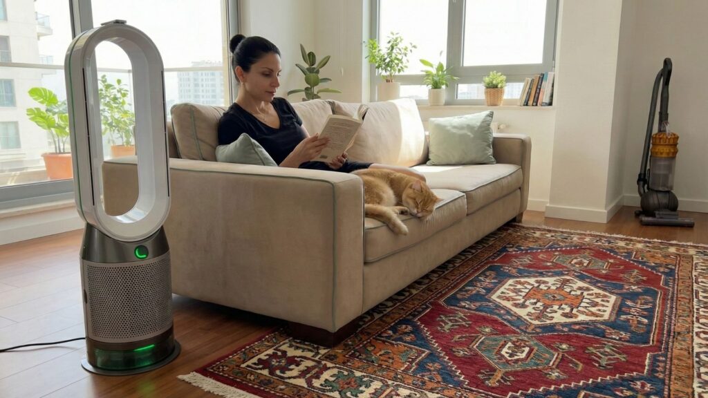 HEPA air purifier reducing airborne cat allergens in a home with a British Shorthair