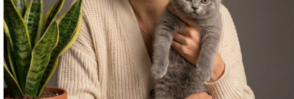 A person holding a cat indoors while using allergy-friendly products at home