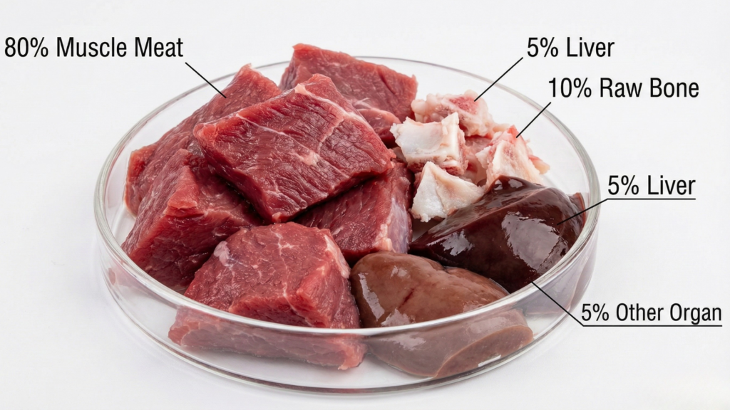 Raw cat food diet showing muscle meat, raw bone, liver, and organ ratios for a balanced raw food diet for cats