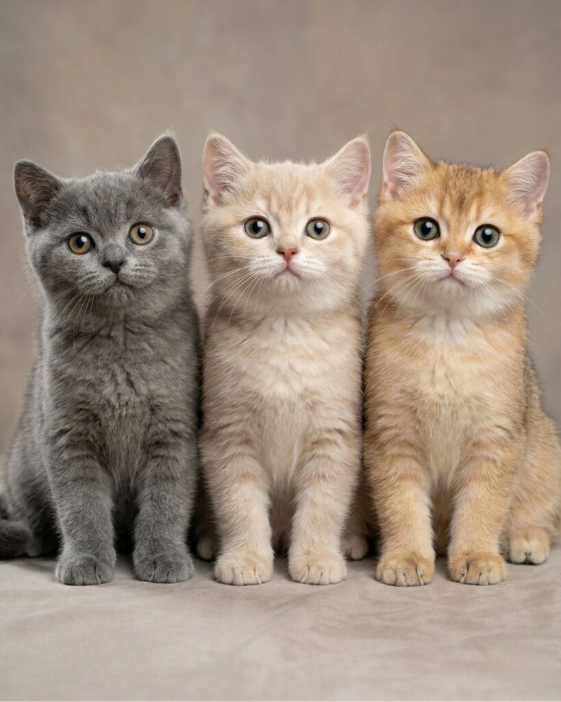 Three healthy kittens sitting side by side in a clean indoor environment